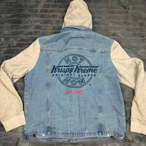 Krispy Kreme Doughnuts Mens 2XL Denim Hooded Jacket Light Wash Grey Sleeves Logo